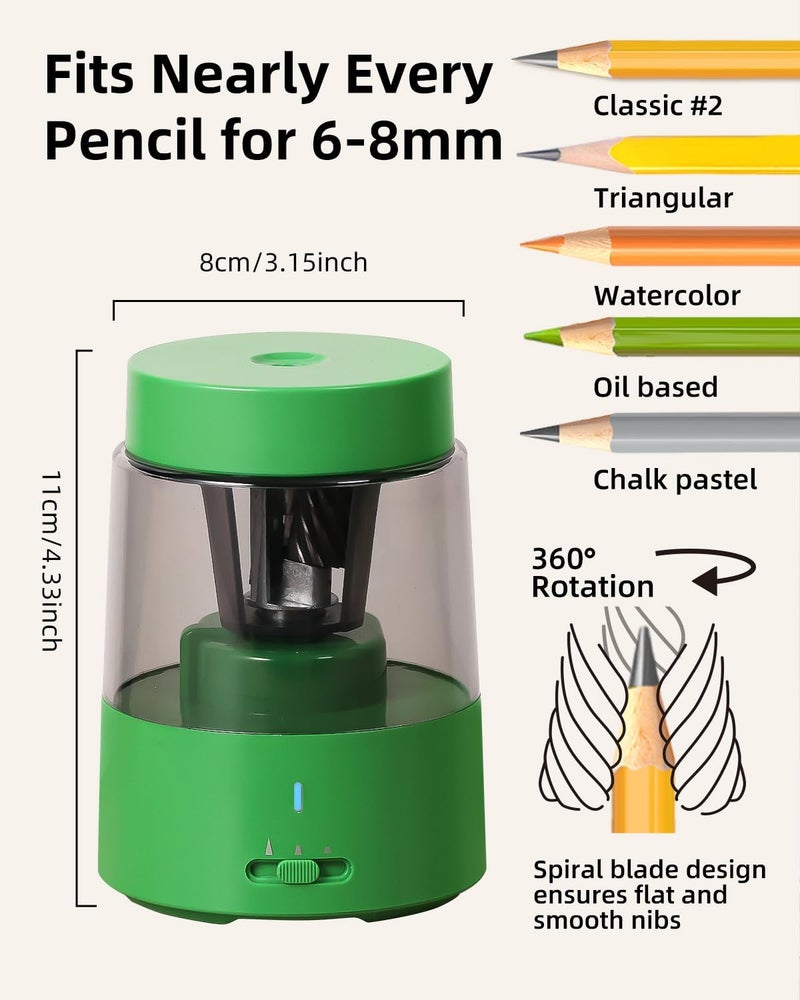 Zmol Electric Rechargeable Pencil Sharpener, Automatic Pencil Sharpeners Kids, Battery Pencil Sharpeners for Colored Pencils, Auto Stop, Suitable for No.2(6-8mm), Classroom/Home Green - Image 2